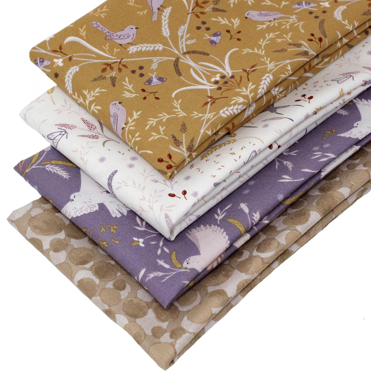 4 Fat Quarters Bundle - Birdsong Meadow Fabric Designs of Birds & Natural Foliage in Mustard & Lilac. 100% Cotton Ideal for Quilting & Crafting (with a Free Patchwork Pattern by Overdale Fabrics)