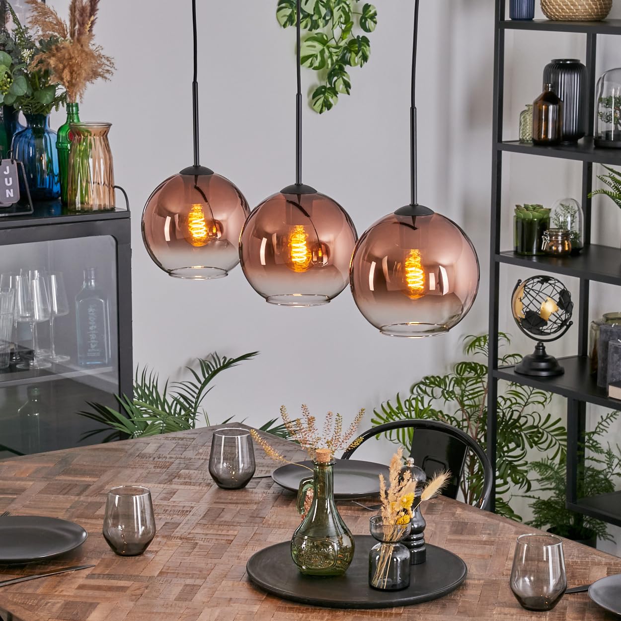 HOFSTEIN Koyoto 3-Bulb Pendant Light Metal Glass Black Copper Clear Modern Pendant Light Retro Vintage Design (Shade Diameter 20 cm) E27 Dining Room Living Room Kitchen
