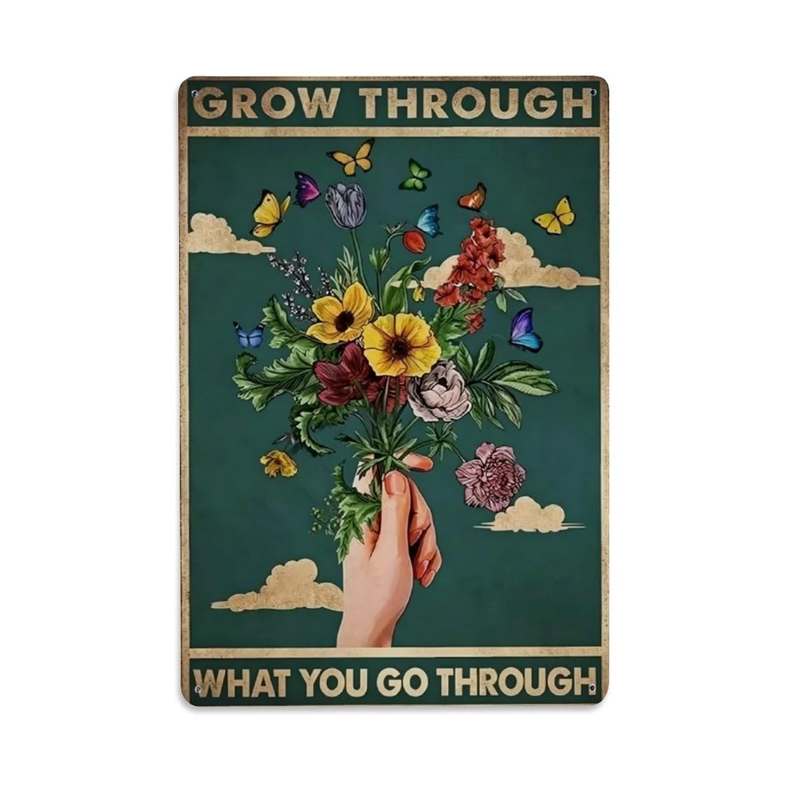 Grow Through What You Go Through Flower Butterfly Inspirational Wall Decor Sign Vintage Aluminium Metal Sign, Retro Wall Decor for Home, Bar, Garage & Farmhouse 30x20cm