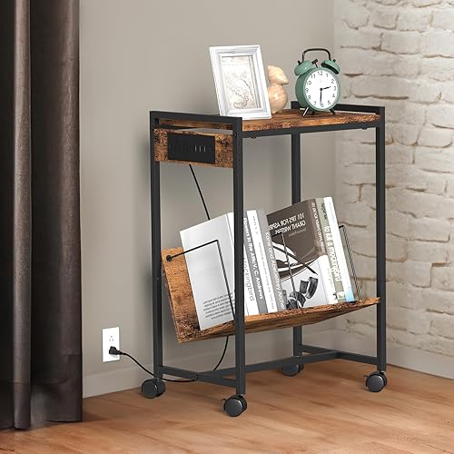 Miniatura 5 de CADUKE Soporte para tocadiscos de 2 niveles con almacenamiento para discos de vinilo con ruedas, mesita de noche industrial con estación de carga