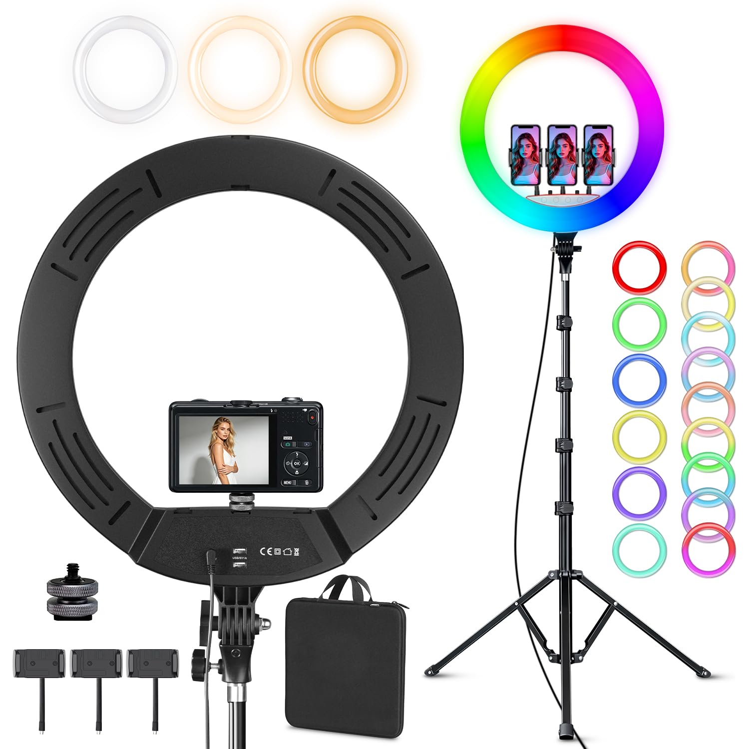 18 Zoll Ringlicht Groß mit Stativ Handy | 26 RGB-Modus Ring Light mit 3 Telefonhaltern, Dimmbar Ringleuchte für YouTube, TikTok, Streaming, Make-up, Kamera