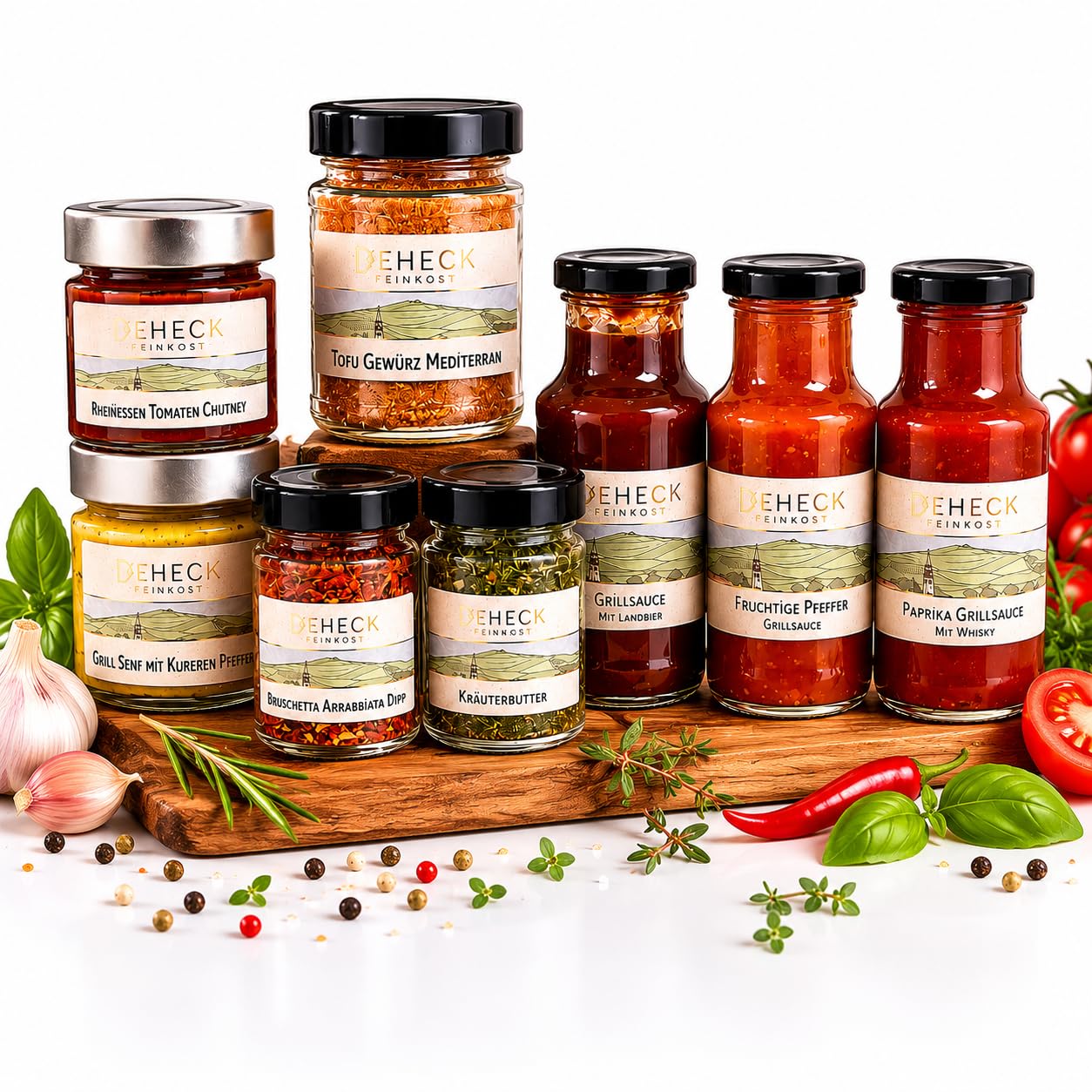XXL BBQ Set zum Grillen | 8 x Grillsauce, Grillgewürz, Senf & Grill-Dipp | 8 BBQ Feinkost zum Grillen & Würzen für Grillparty & Raclette | Feinkost-Set, Grill-Geschenk & Barbecue Genussbox