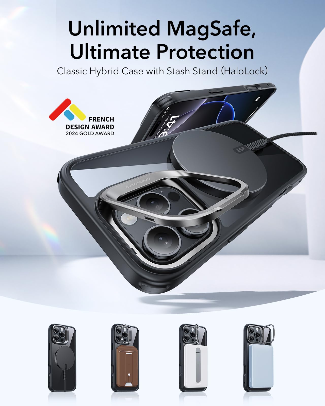 ESR Cover per iPhone 16 Pro Max con Cavalletto, Magsafe Custodia con Halolock, Protezione di livello militare, Supporto ad anello per la fotocamera integrato,Nero Trasparente