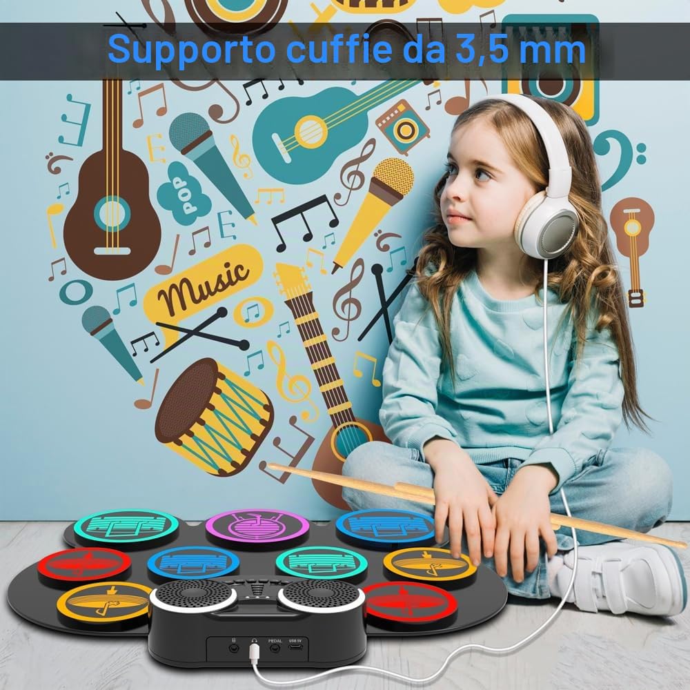 Batteria Elettronica Portatile con Bluetooth e MIDI - 9 Pads Batteria Elettrica, Altoparlanti Stereo Integrati, Batteria Ricaricabile, Ideale Regalo Natale e Compleanno per Bambini e Adulti