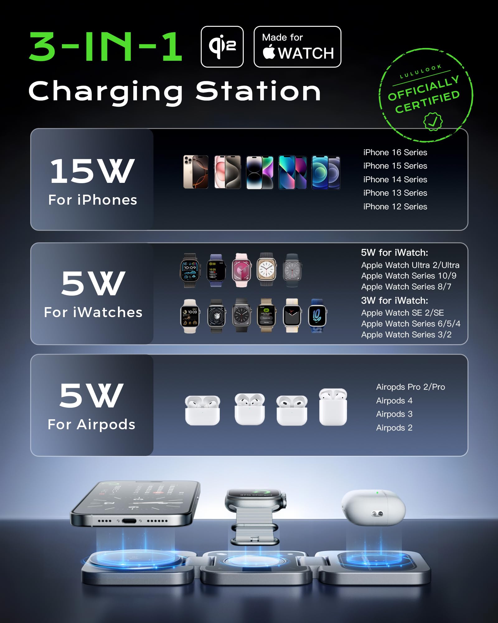 [MFi] Qi2 stacja ładująca 3 w 1, Apple z Made for Watch, podróżna składana, 15 W, MagSafe stacja ładująca do iPhone 17 Pro Max / 17 Air/17 Pro/17, 5 W ładowarka do zegarka Apple Watch Ultra 3, AirPods