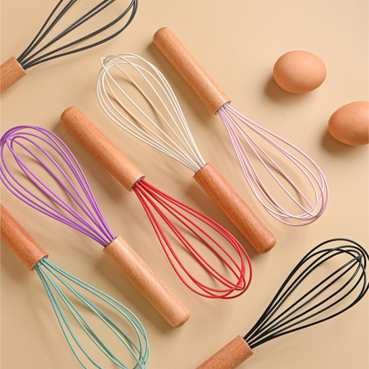 Frusta da Cucina Sbattitore Manuale Frullino for Uova in Silicone Manuale con Manico in Legno Portatile Cottura for Classico A Palloncino Frullatore Efficiente(White)