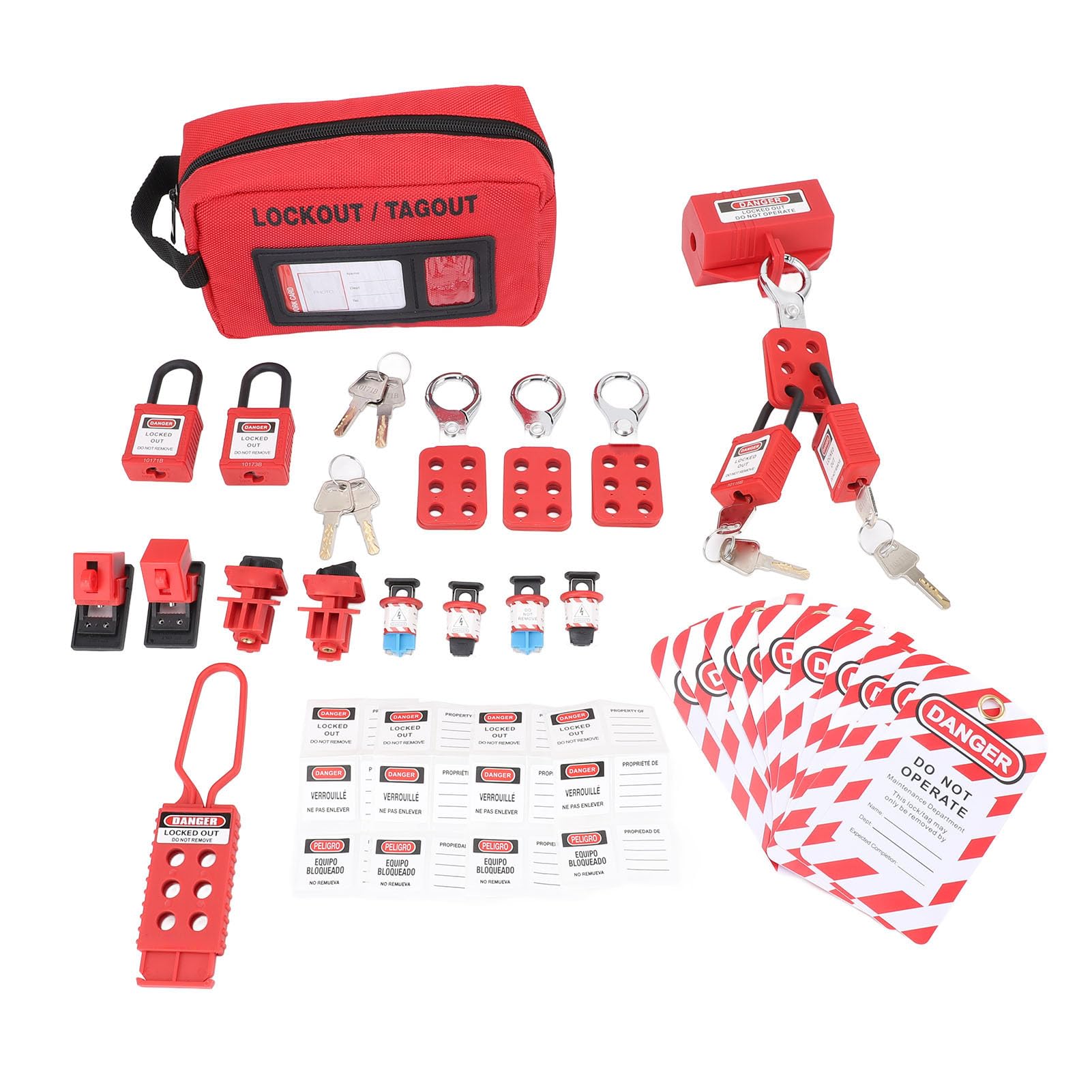 Kit de Etiquetado de Bloqueo Bloqueo de Disyuntor Eléctrico con Abrazadera Loto con Brida para Cables y Bolsa de Bolsillo para Mantenimiento Industrial Aislamiento de Equipos de Válvulas de
