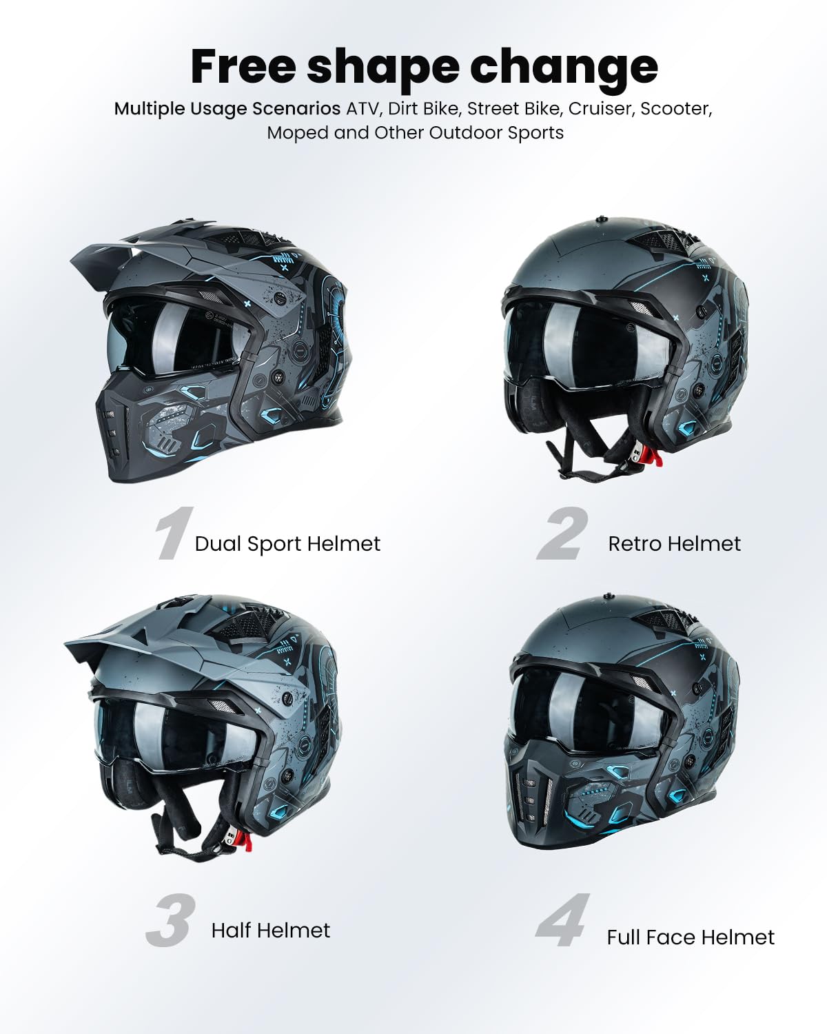 ILM Helm Motorrad Motocross Herren Damen Vintage Retro mit Visier ECE Model Z302,SciFiBlau,M