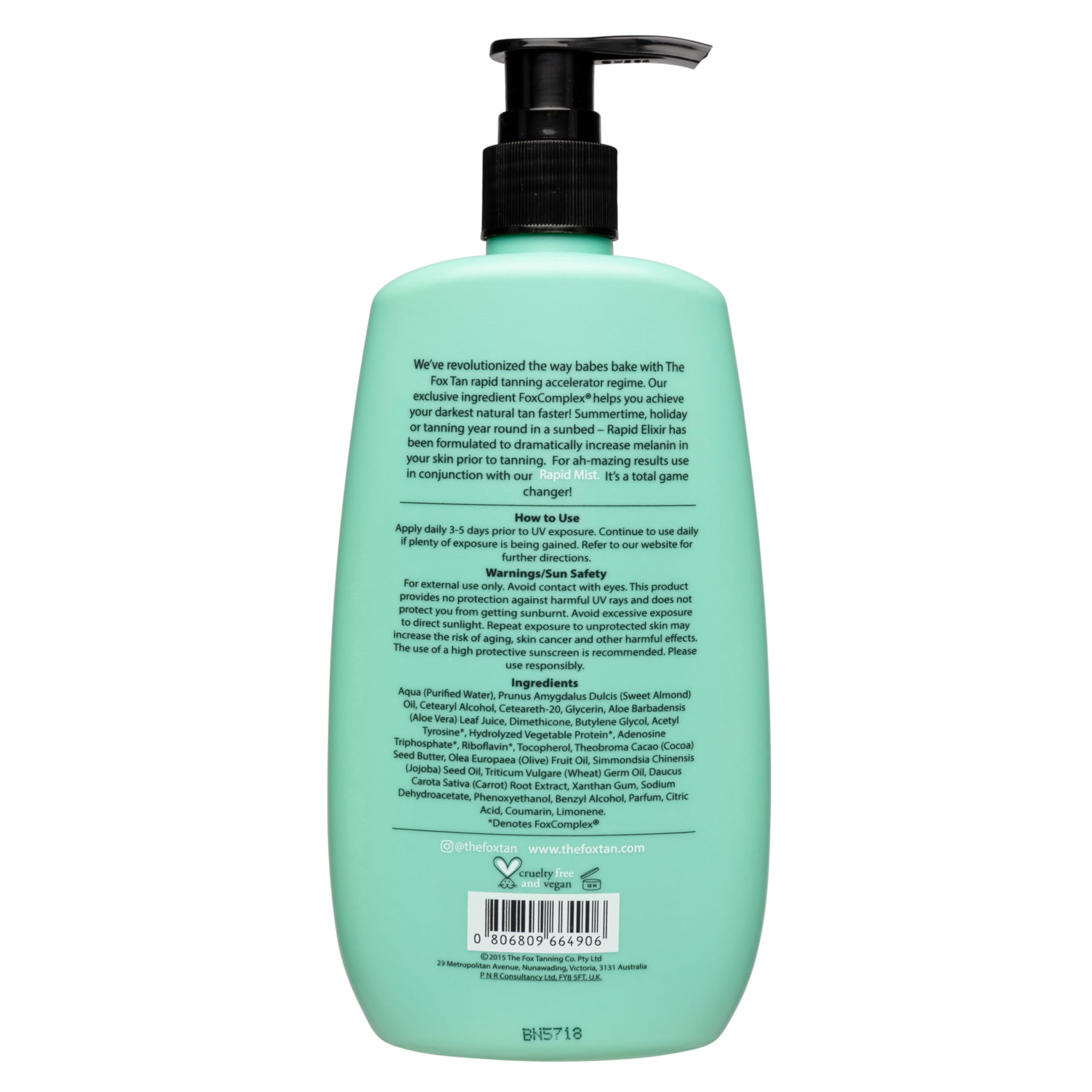 The Fox Tan - Rapid Tanning Elixir - acelerador del bronceado sin autobronceador, Loción vegana el para rostro y cuerpo, para sol y solárium, 300 ml