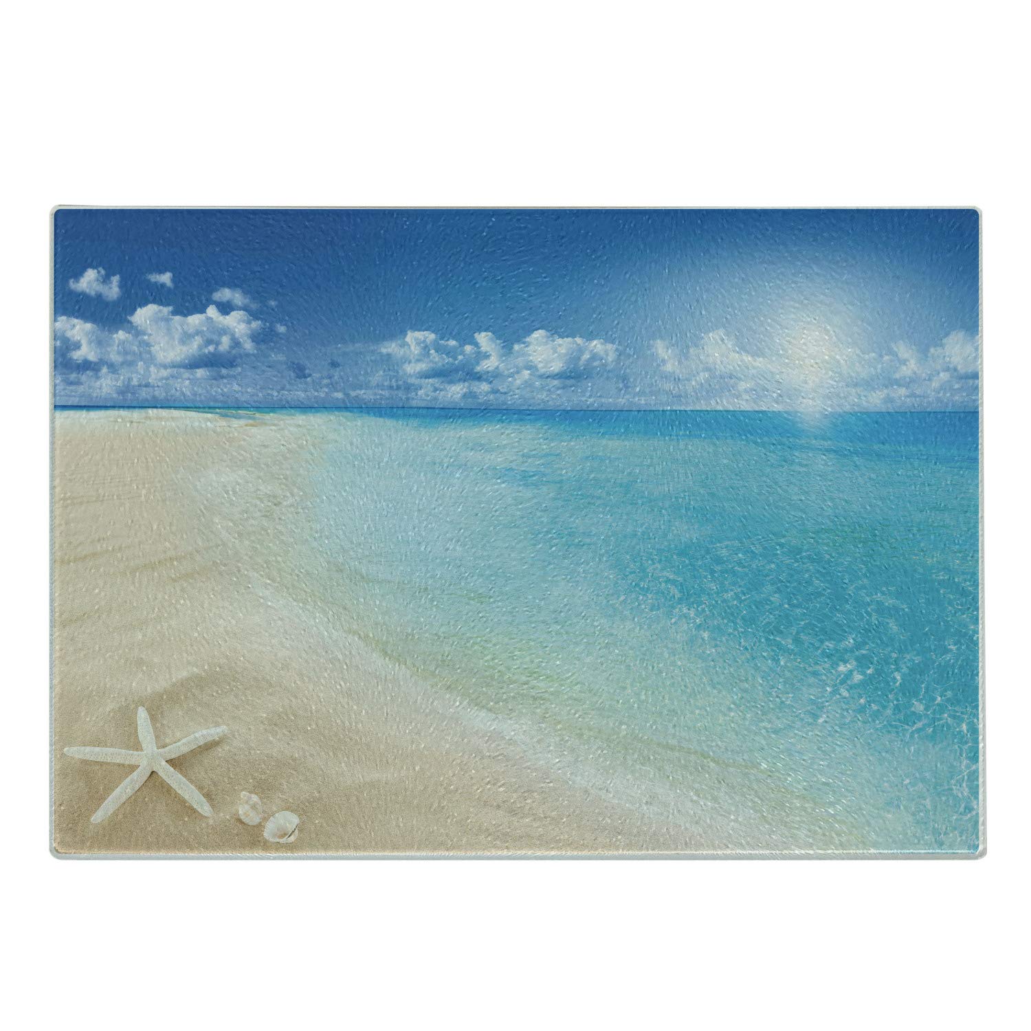 Ambesonne Beach Cutting Board, Sunny Summer Seashore Clear Sky Seashells Starfish Clouds Aquatic Picture, Decorative Tempered Glass Cutting and Serving Board, Small Size, Aqua Cream Blue