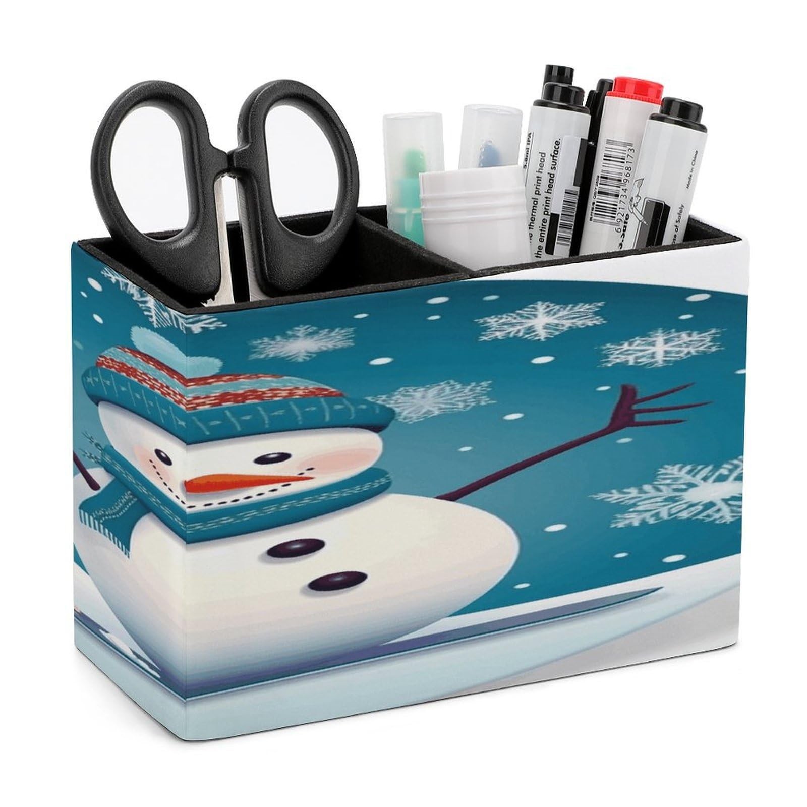 Lovely Christmas Cartoon Skiing Snowman Snowflake Leather Pen Holder for Desk Double Compartments Brush Minimalist PU Leather Pencil Holder Locker Organizer for Work Locker Accessories Pencil Cup for