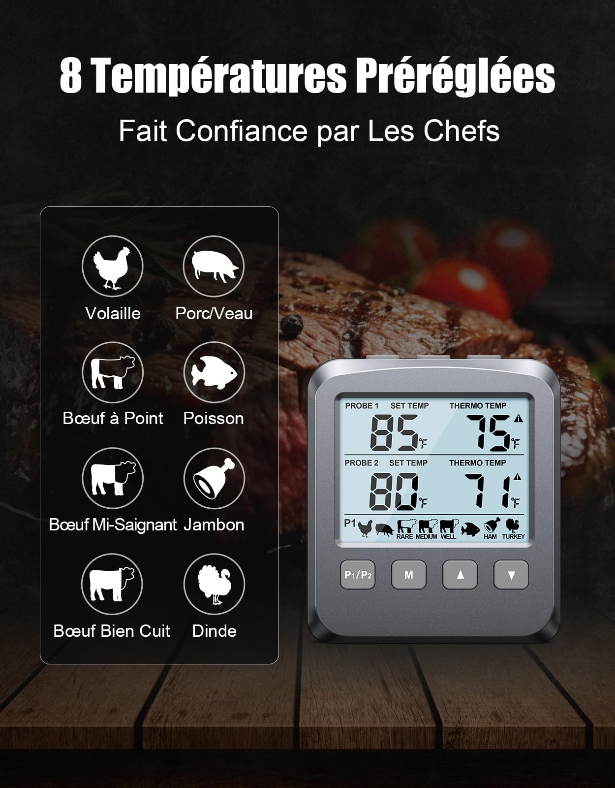Thermomètre Cuisine Numérique Double Sonde avec Grand Écran LCD, Alarme et Lecture Rapide