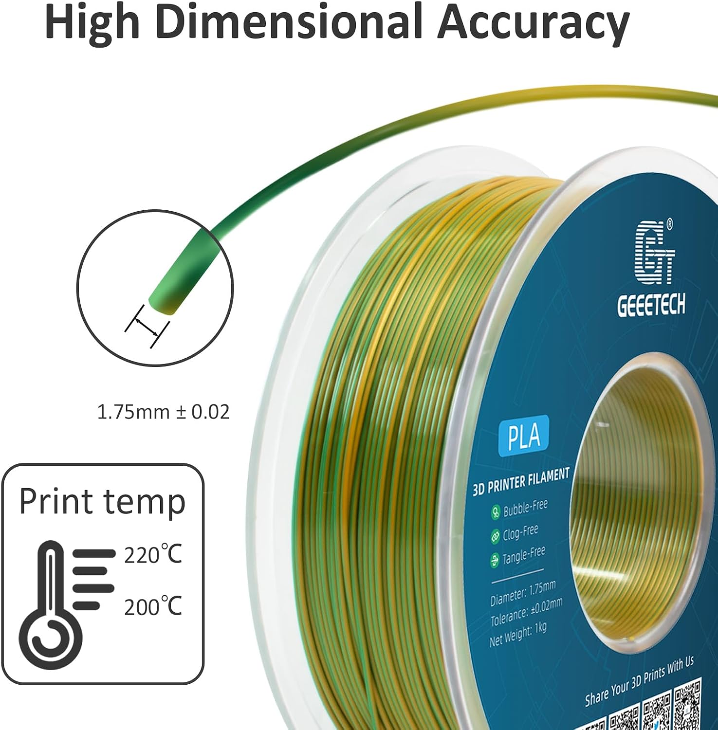 Geeetech 3D Printer Silk PLA Dual Color Filament, Metal-Like Shiny Silk Filament 1.75mm 1kg (2.2lbs) Spool, Dimensional Accuracy +/- 0.02 mm, Silk Yellow Green - Image 3