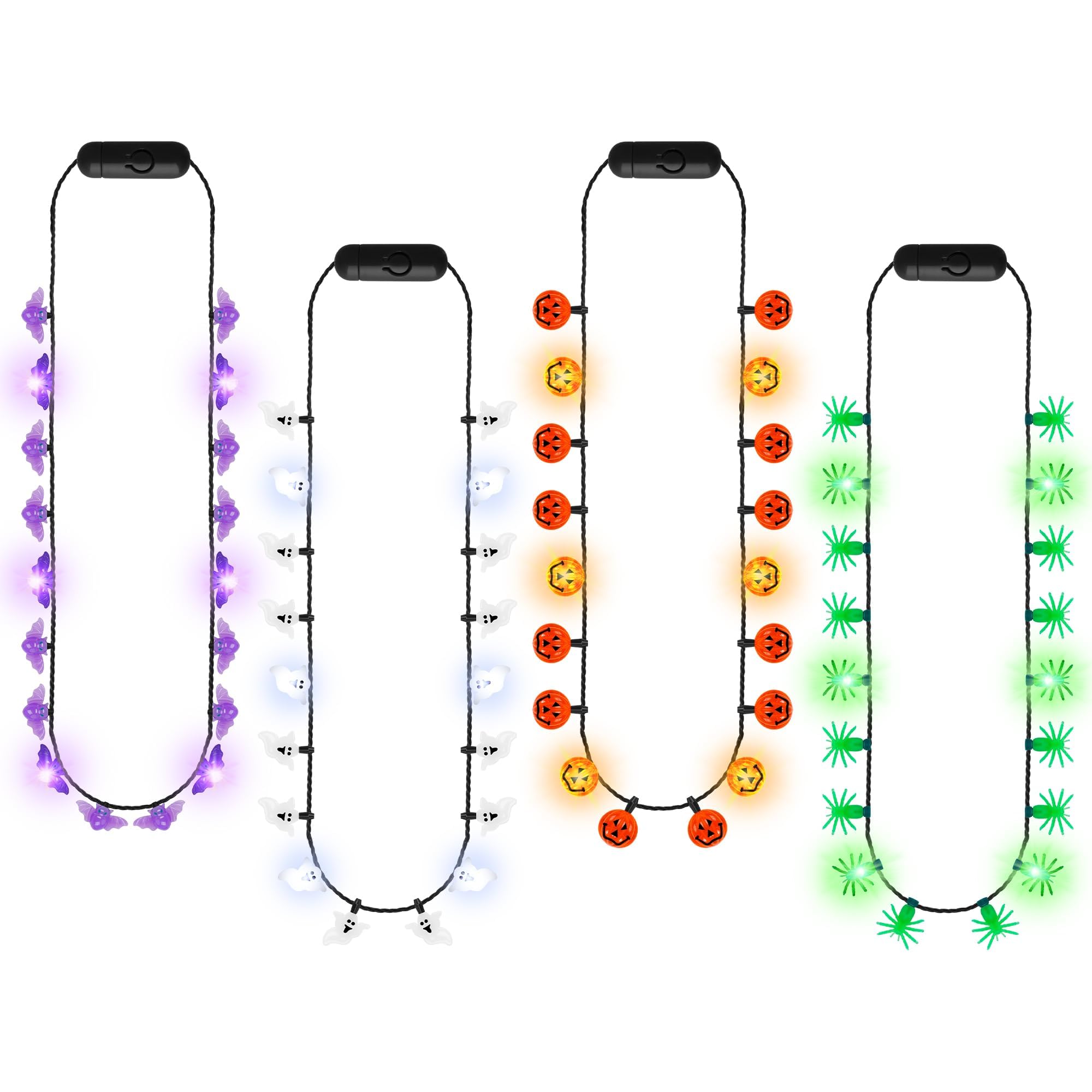 4PCS Halloween Necklace Accessories, Light up Halloween Necklaces Party Favors, Colorful Glow Necklaces with Bats Ghost Pumpkin, Glow Necklaces for Trick or Treat Adventure Activities Party Favors