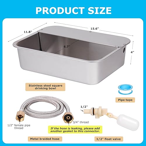 3 Gallon Automatic Dog Water Dispenser for Large Dogs Stainless Steel Bowl, Large Self Filling Auto Water Bowl Outdoor for Cats Livestock Chicken(15.4"L x 11.41"W x 3.93"H)