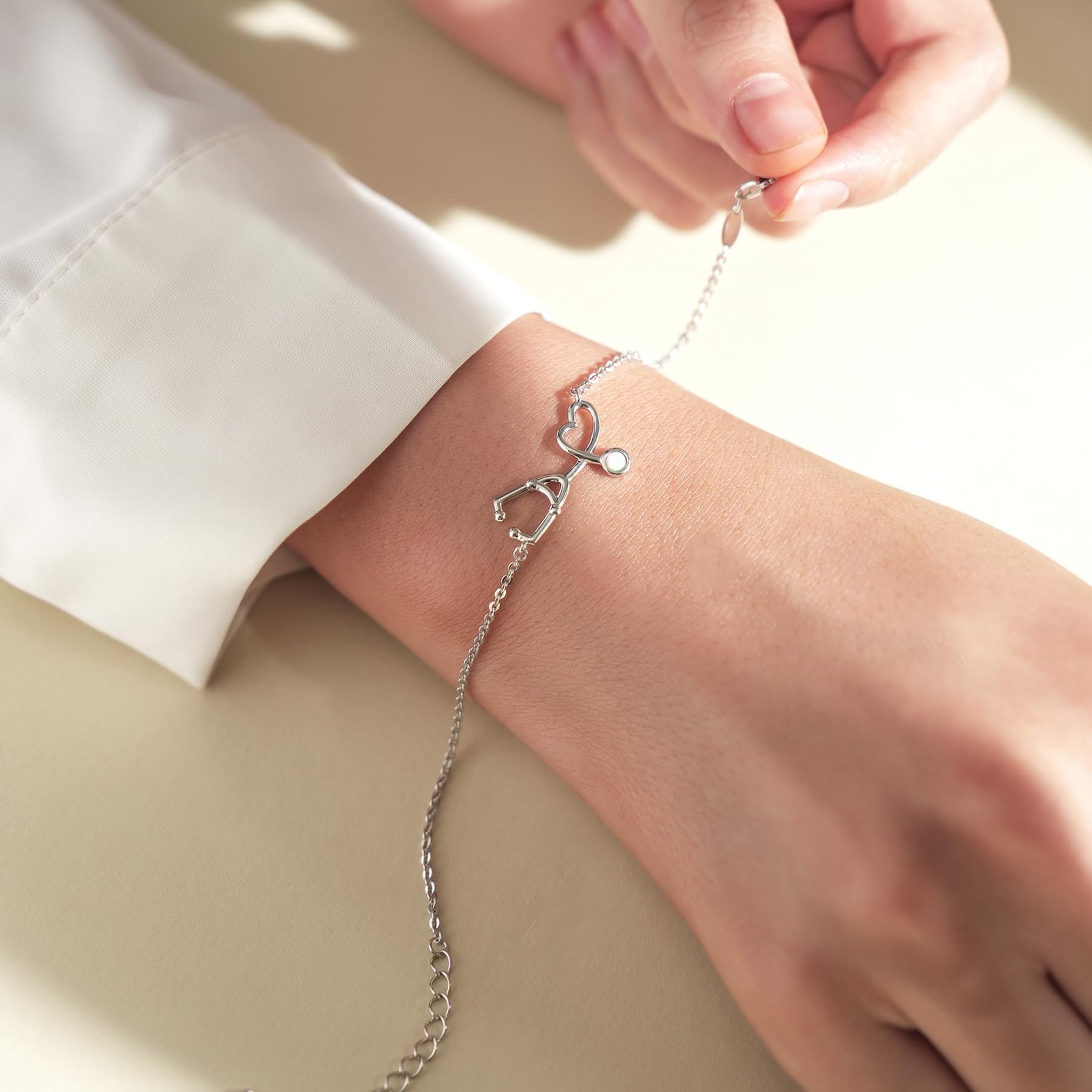 CHIC & ARTSY 925 Delicati braccialetti a maglie in argento sterling 925 con opale regolabile per donne, amicizia tra sorelle