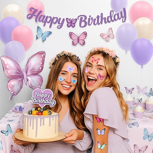 Miniatura 7 de 8 hojas (96 piezas) tatuajes temporales de mariposas temáticas de mariposas decoraciones de fiesta de cumpleaños, suministros de regalos para