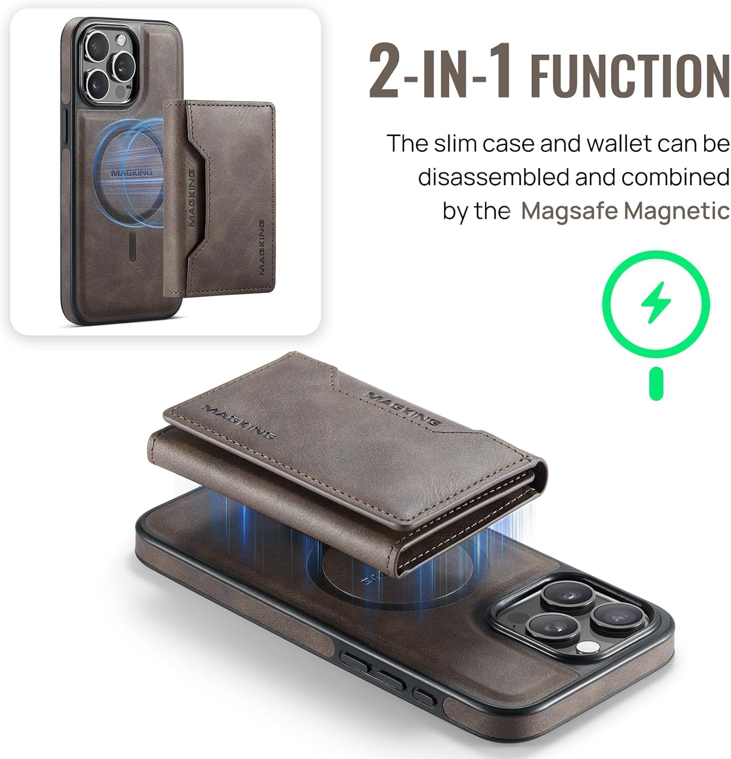 SZHAIYU K2 2 in 1 Detachable Magnetic Phone Cases Compatible with iPhone 16 Pro Max Case with Card Holder RFID Blocking, Compatible with Magsafe Wallet, Leather 6.9'' (Coffee, iPhone 15 Pro Max) - Image 5