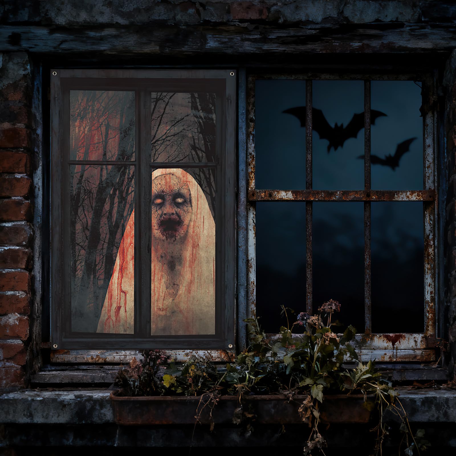 Wlleoaa Halloween Window Curtains, Halloween Window Decorations, Hallowmas Scary Ghost Curtain, for Window Door Cover, Indoor/Outdoor Party Decors, Spooky Hallowmas Party Supplies Window Decoration