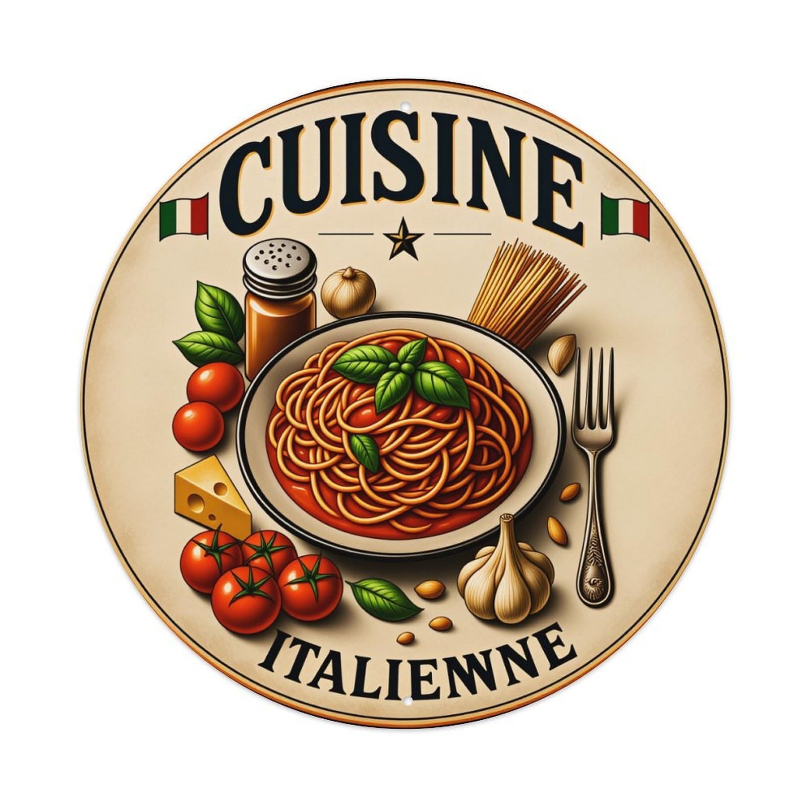 Italian Spaghetti Dish With Herbs And Ingredients Round Tin Sign Vintage Metal Poster Retro Bar, Home, Man Cave, Kitchen, Laundry Room Wall Art Decor Gift 8x8In