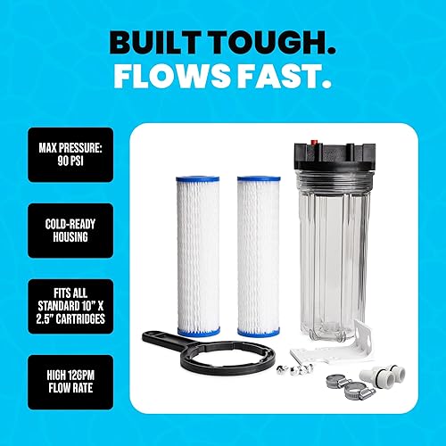 Miniatura 5 de Sistema de Filtro de Agua para Sumersión en Frío, Carcasa de 25cm con Puertos NPT de 34", 2× Filtros Plisados de 50 Micras, Kit de Montaje y Llave,