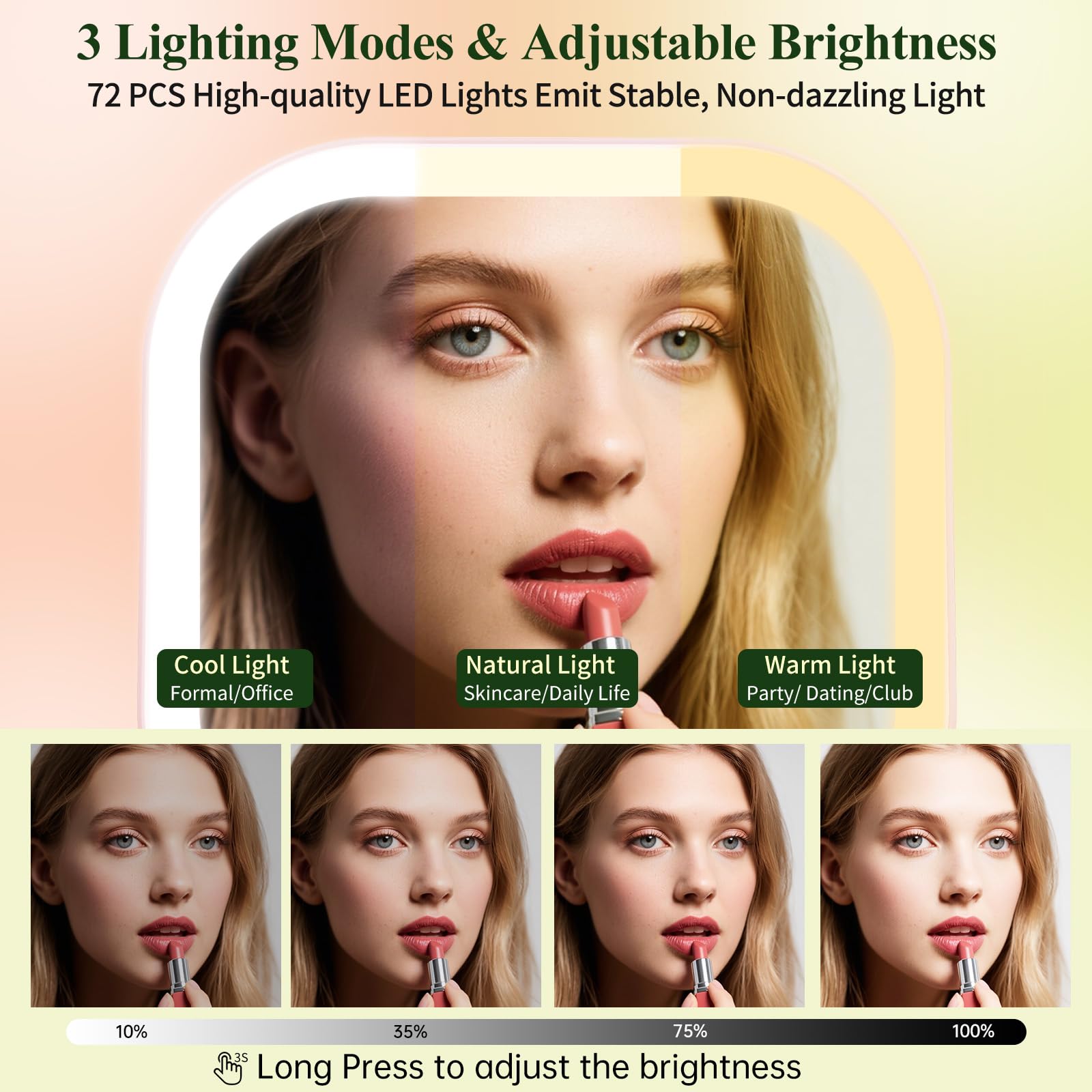 FUNTOUCH Miroir de maquillage éclairé avec grossissement x30, 17,8 cm, rechargeable double face, miroir de courtoisie de voyage avec lumières, 3 lumières de couleur et luminosité réglable, rotation à