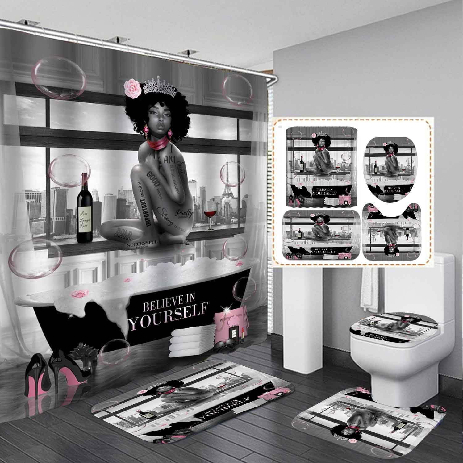 OLEBETY 4PCS Sexy Black Girl Shower Curtain Set, Romantic Pink Floral High Heels Bubble Red Wine Afro Lady African American Woman Inspirational Quotes