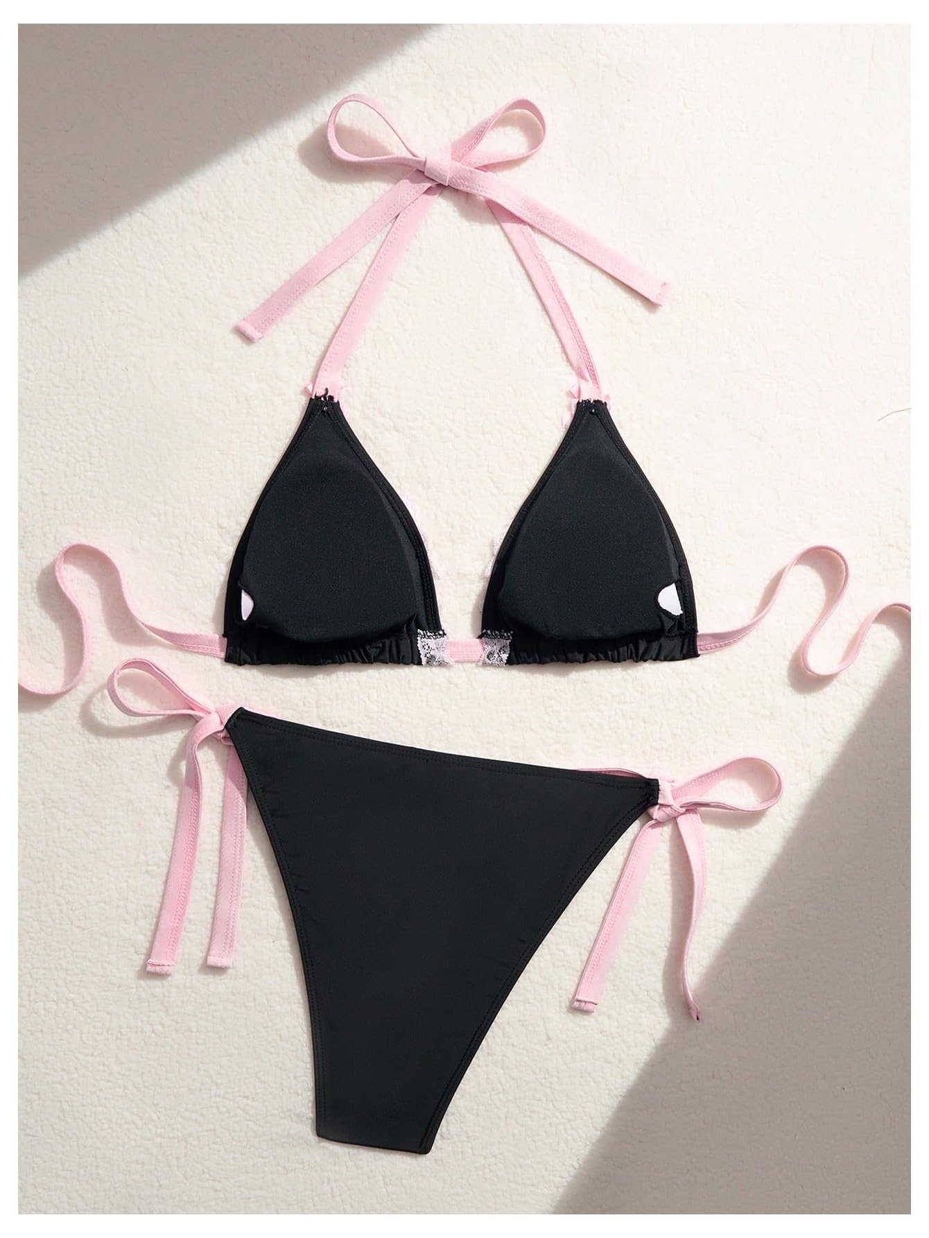 Damski Plus Size Koronkowe Wykończenia Halter Bikini Zestaw Trójkątny Strój Kąpielowy 2-częściowy Strój Kąpielowy Czarny i Różowy XX-Duży