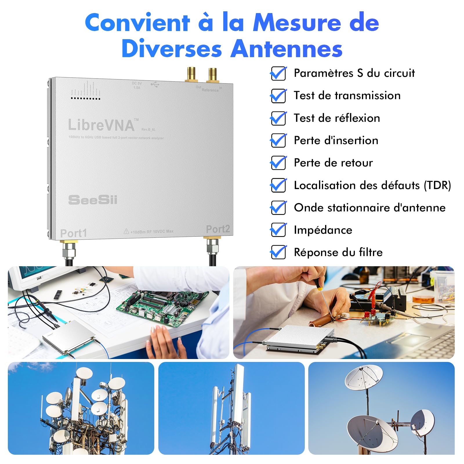 Seesii LibreVNA 2,0 Analyseur de Réseau Vectoriel, NanoVNA Analyseur d'antenne 100kHz-6GHz 2022 Amélioré USB 2 Ports Complets avec Entrée/Sortie de Référence Externe pour Paramètres S Complet