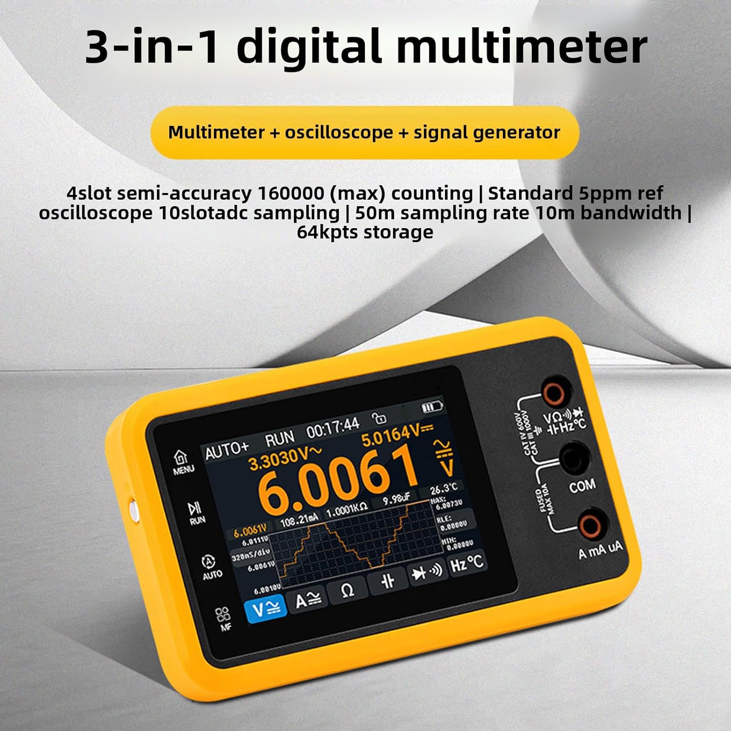 Eujgoov 3 in 1 Digital Multimeter + Oscilloscope + Signal Generator, DM40C 10Hz-60MHz 4.5 Bit Screen for USB Communication Safety Testing