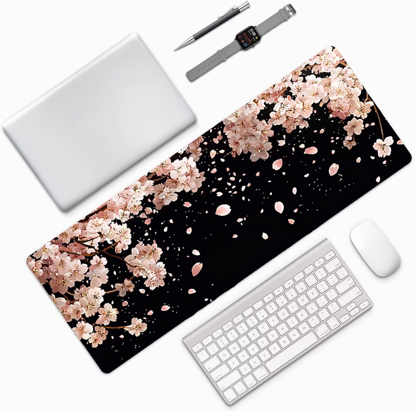 Lpfieonn Kirschblüten Großes Schreibtischunterlage, XXL Schreibtischunterlagen, Schwarz XXL Wasserdicht Gaming Mousepad mit Vernähter Rand und Rutschfeste Gummibasis, für Hause/Büro 120x60cm PF-2517