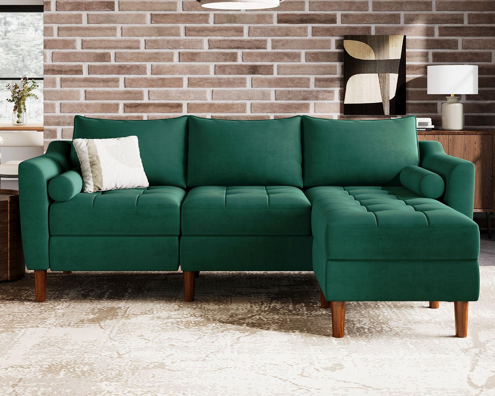 Belffin Velvet Reversible Sectional Sofa Couch 3-Seat Sofa Sectional with Reversible Chaise L Shaped Sofa with Ottoman for Apartment and Small Space Green