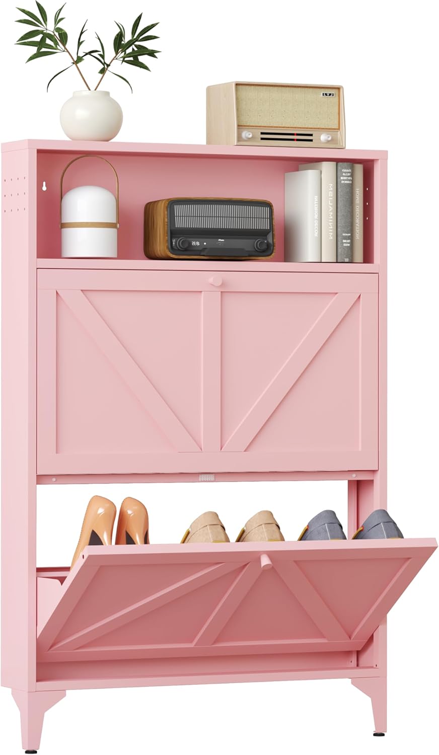 Shoe Storage Cabinet for Entryway with 2 Flip Drawers, Freestanding Shoe Organizer with Legs,Farmhouse Narrow Shoe Storage Cabinet for Entryway, Foyer,Living Room (2-Doors, Pink)