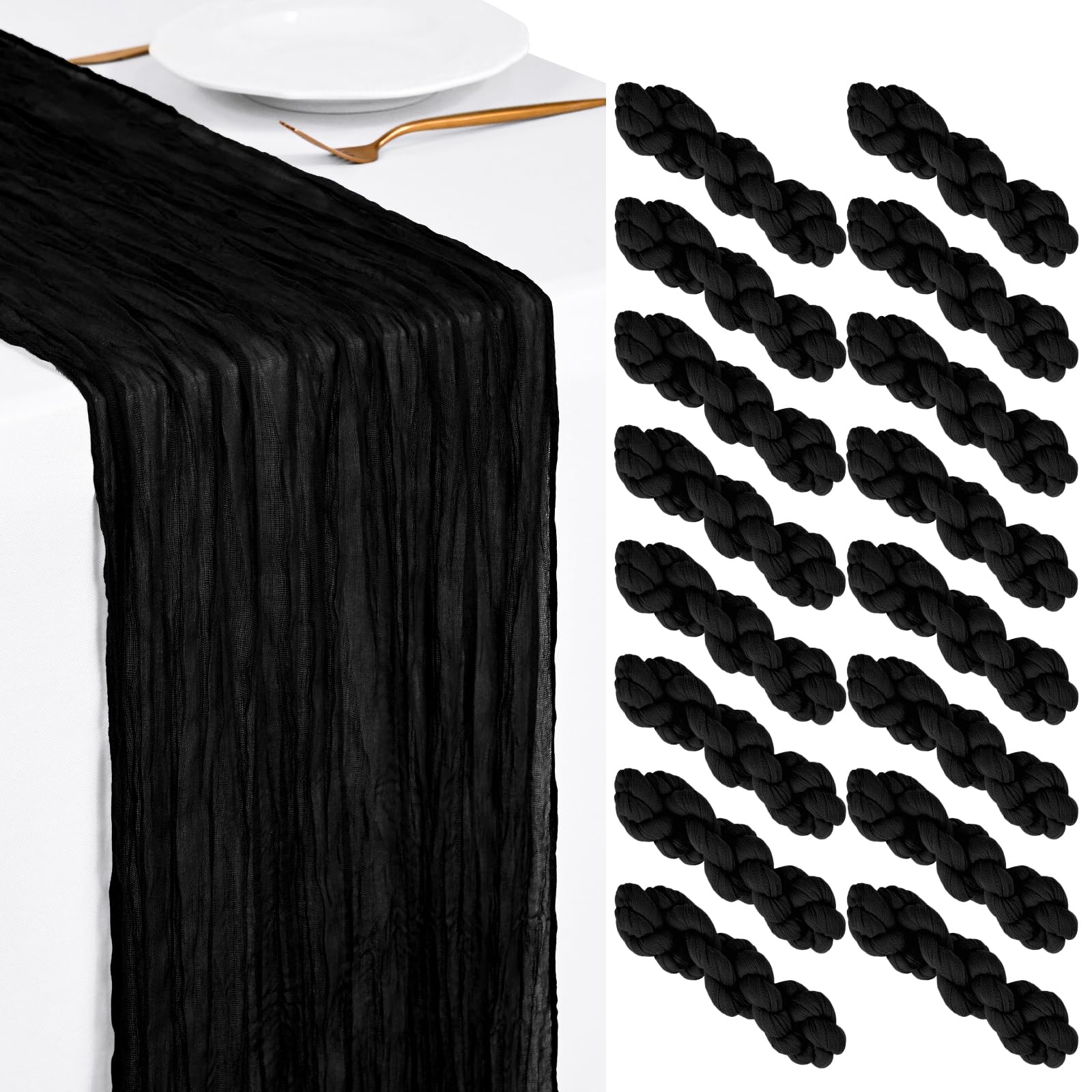 Showgeous 16 Pack Black Cheesecloth Table Runner 45x275cm Boho Gauze Cheese Cloth Table Runners Romantic Rustic Sheer Table Decorations for Wedding Party Baby Shower Birthday Holiday Home — image 1