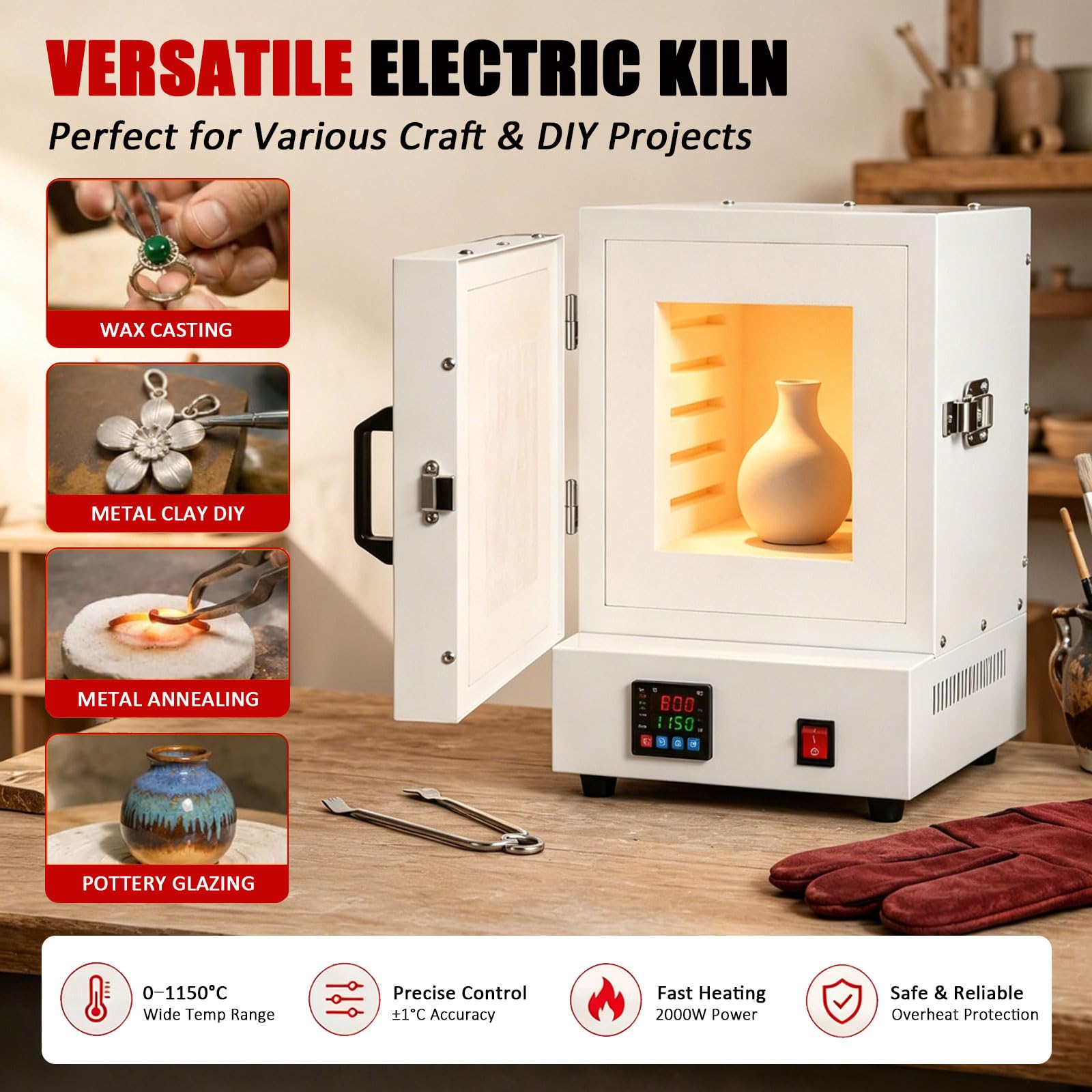 Elektryczny Piec do Ceramiki Domowej, Piec Muflowy do Topienia Metali 2000W, 1150°C/2102°F, z Kontrolerem do Biżuterii, Odlewania, Szkliwienia i Fusingu Szkła