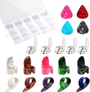 AIEX 19pcs Adjustable Finger Plectrum Thumb Picks Set Includes 5pcs Silver Stainless Steel Finger Picks and 10pcs Plastic Finger Picks and 4pcs Guitar Picks for Guitar Banjo Harp Bass