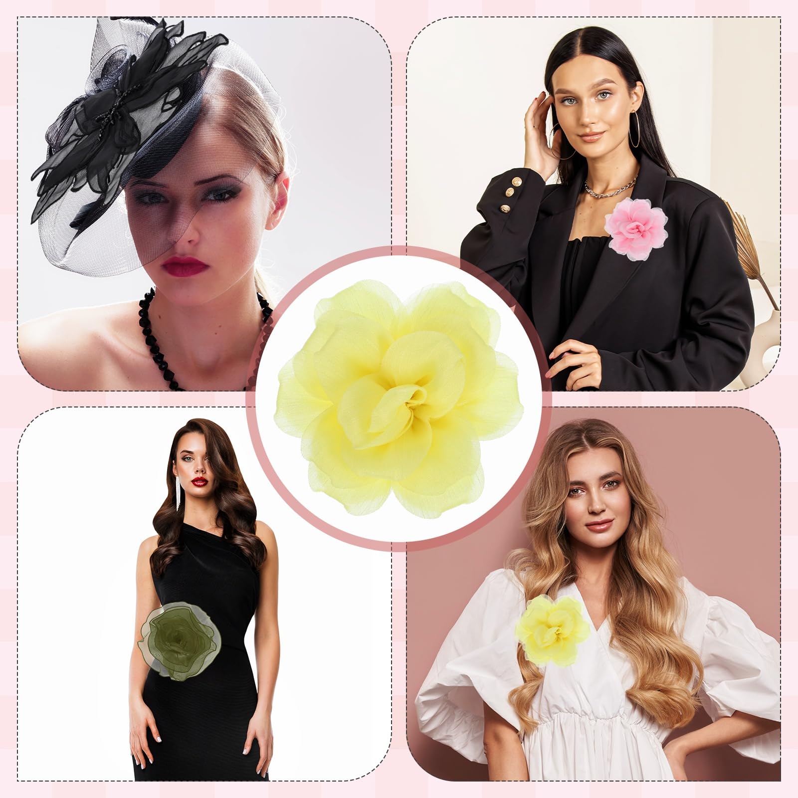 QUARKZMAN 2 sztuki, duże satynowe broszki w kwiaty, dla kobiet, organza, eleganckie broszki kwiatowe, na wesele, do tańca, na imprezę, do sukienek, kapelusza, akcesoria, żółte