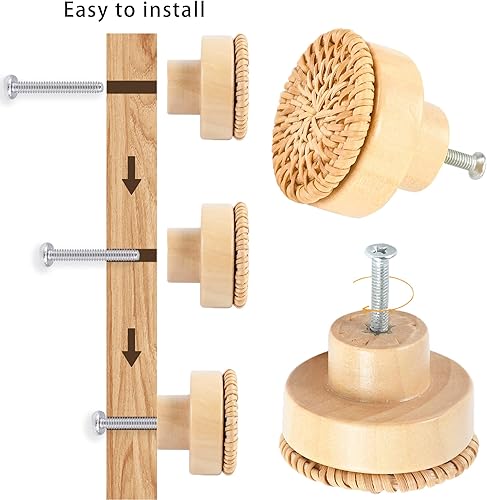 Miniatura 7 de ETIUC 12 pomos de ratán para cajones, pomos bohemios de madera hechos a mano, perillas de madera para cajones, herrajes de mimbre tejido bohemio