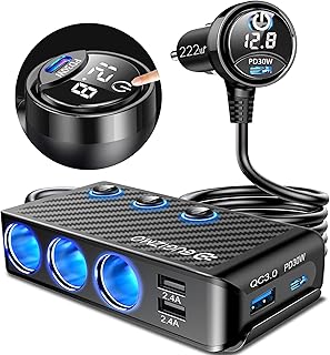 Cigarette Lighter Plug Splitter Adapter, EUGIZMO 222W Multi Port Power Plug Car Charger Adapter for Plug Outlet 12V 3 Socket Splitter Car Cigarette Lighter USB Charger with LED Independent Switches