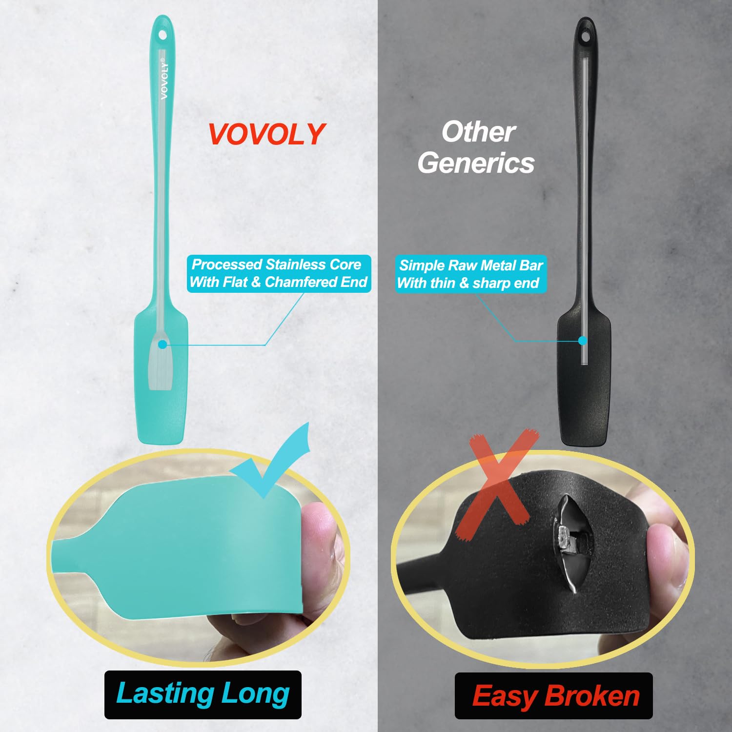 Espátula de silicona Vovoly para tarro de 2 unidades, con mango largo, espátula de goma pequeña resistente al calor de 600ºF, diseño sin costuras, base de acero inoxidable, sin BPA, verde azulado