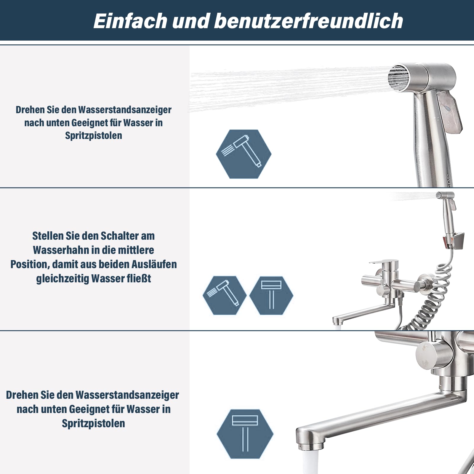 Wasserhahn Küche Wandmontage,Wandarmatur Küche mit Spritzpistole, 360° Drehbare Küchenarmatur Wandmontage Drehrohr 23cm,Gebürstet