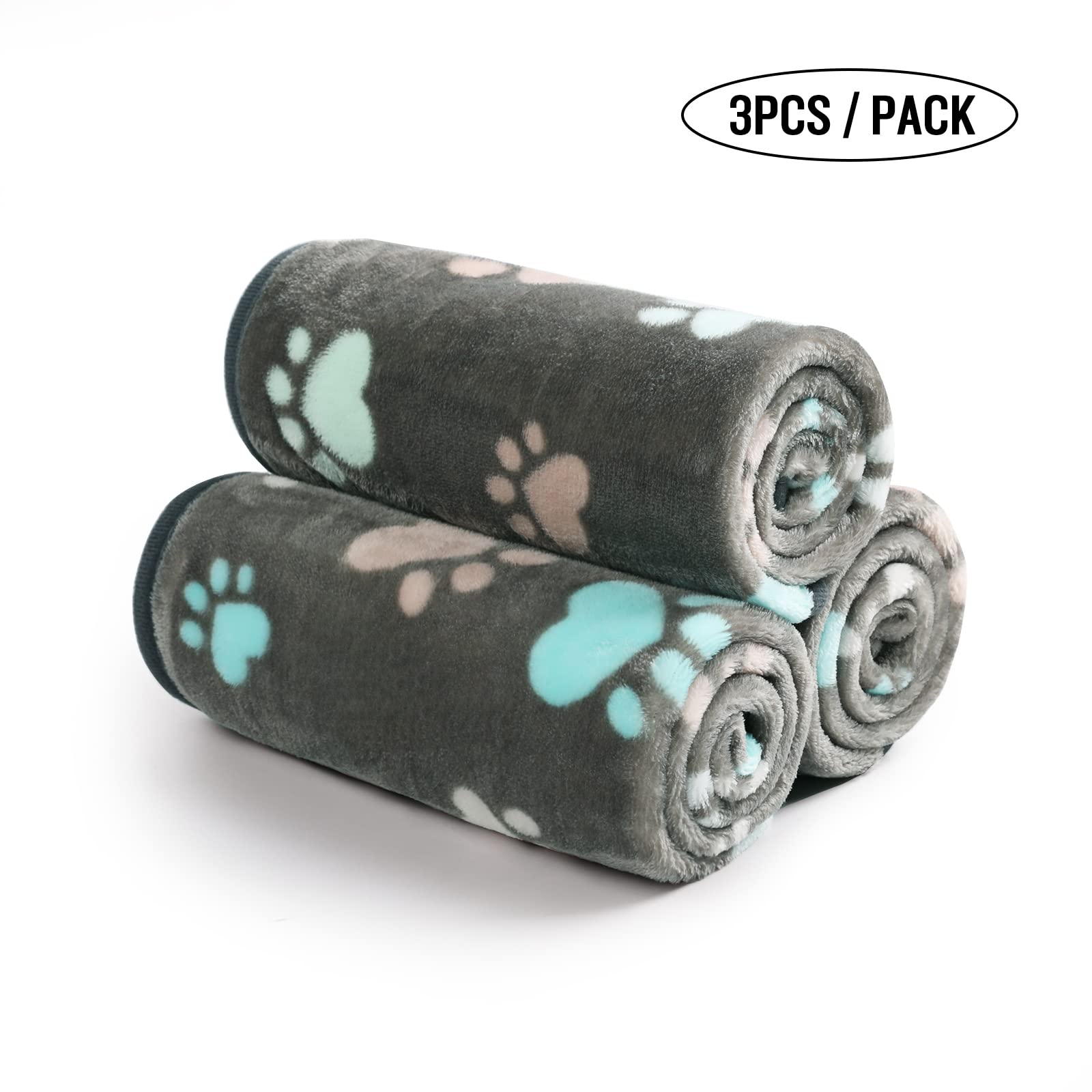 luciphia 3 Pezzi Coperta per Cane/Gatto Lavabile Soffice Durevole, Morbida e Calda Flanella Grigio Zampe di Cuore Small (60 * 40cm)