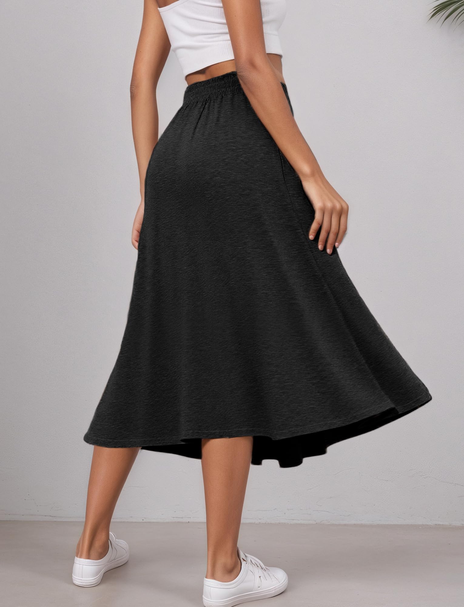 Jupes pour Femmes Jupe Mi-Longue Haute Taille Élégante Jupes de Sport Décontractée Unie avec Poches A-Ligne Jupe Plissée Taille Élastique