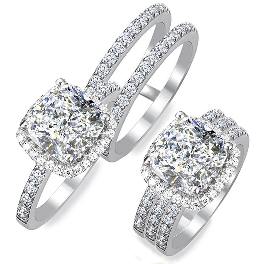 Diamonbella 101 Facets 2 Carat Princess Cushion Cut NSCD Simulated Diamond Ring Double Band Set 925 Silver Platinum Plated Halo