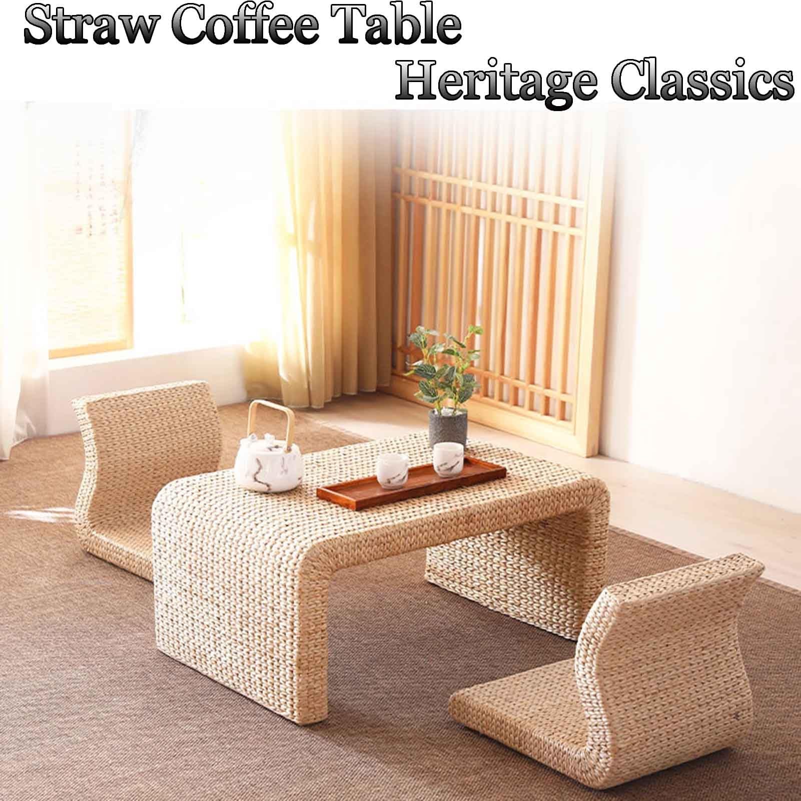 Rattan Japanese Low Table Floor Standing Living Room Coffee Table Handmade Solid Wood + Rattan No Installation Required(120 * 50 * 38cm)