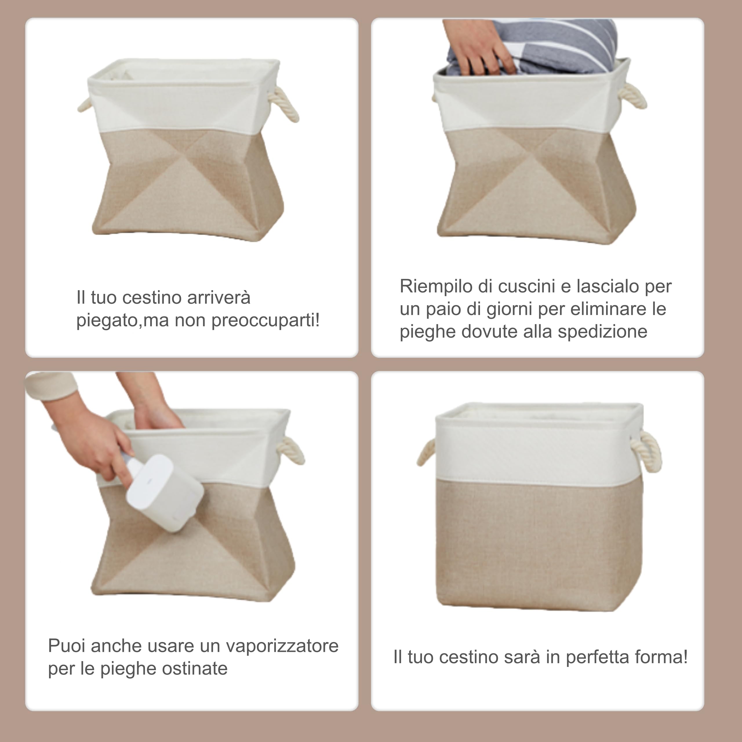 Set da 6 scatole portaoggetti cubiche 28x28 cm in tessuto, con manici in corda di cotone, per riporre abiti, cameretta dei bambini e casa (Cachi/Bianco)