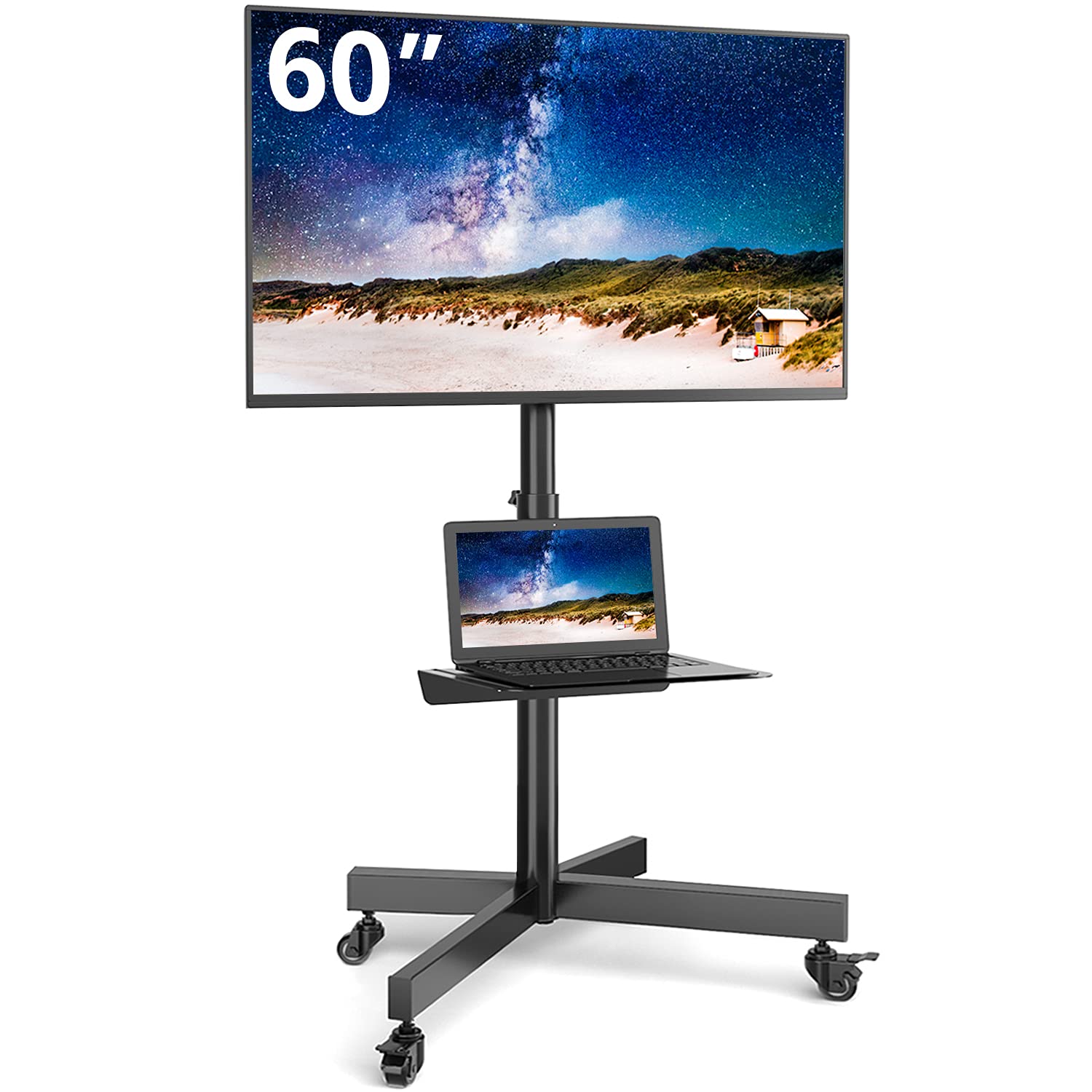 Rfiver Universal Mobile TV Cart for 32-60 inch Flat Screen TVs up to 88lbs, Portable Rolling TV Stand with Tilt Mount and Locking Wheels, Black Floor/Outdoor TV Stand with Shelf, Max VESA 600x400mm