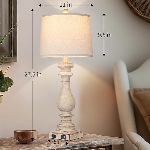 Miniatura 5 de Lámpara de casa de campo de 27.5 pulgadas de alto, lámparas vintage para mesita de noche con puertos de carga USB, AC, lámpara retro con control