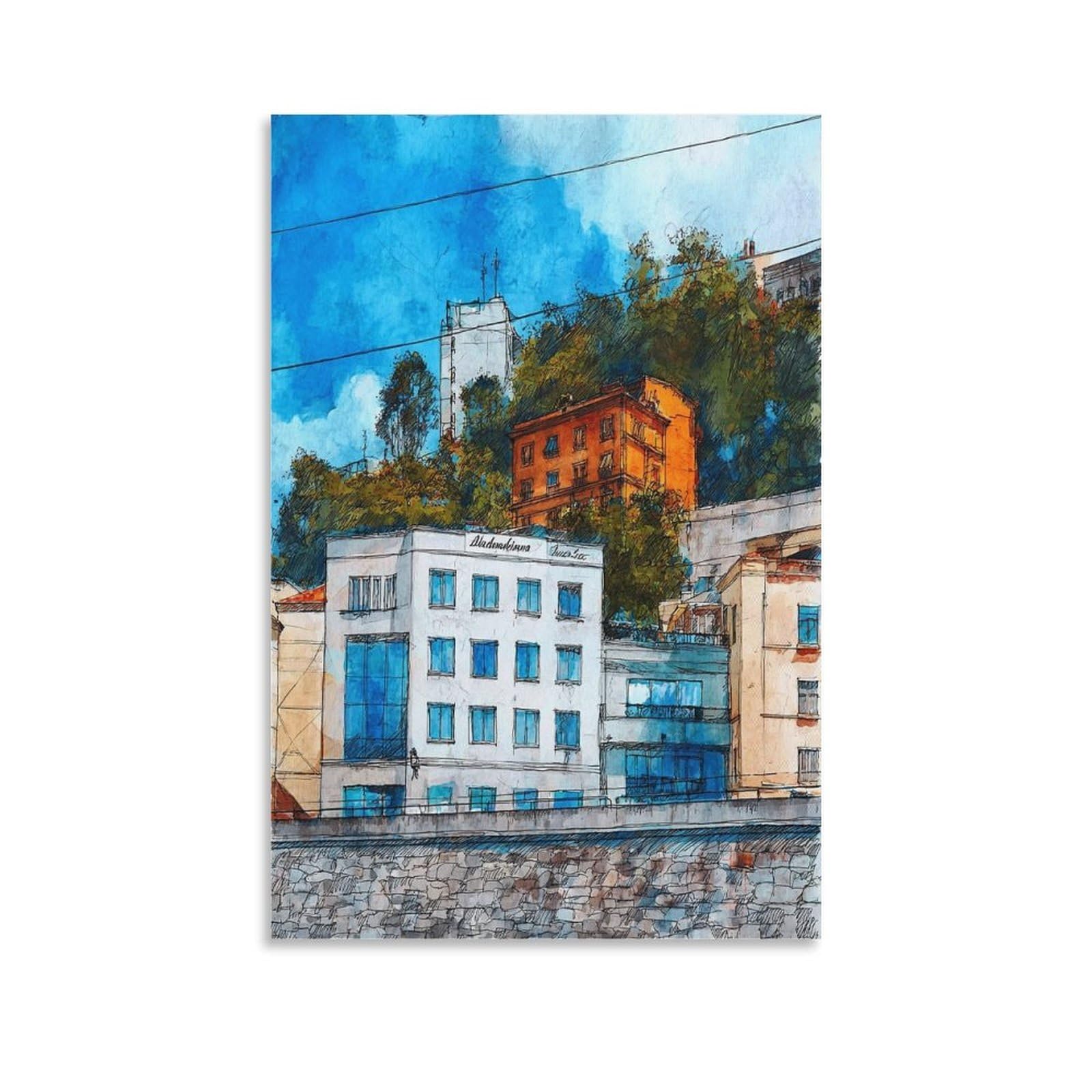 Cnaheiz Unframe-Style Salzburg Austria Austria 08X12inch(20X30cm) Vintage Travel Poster Watercolor Canvas Art