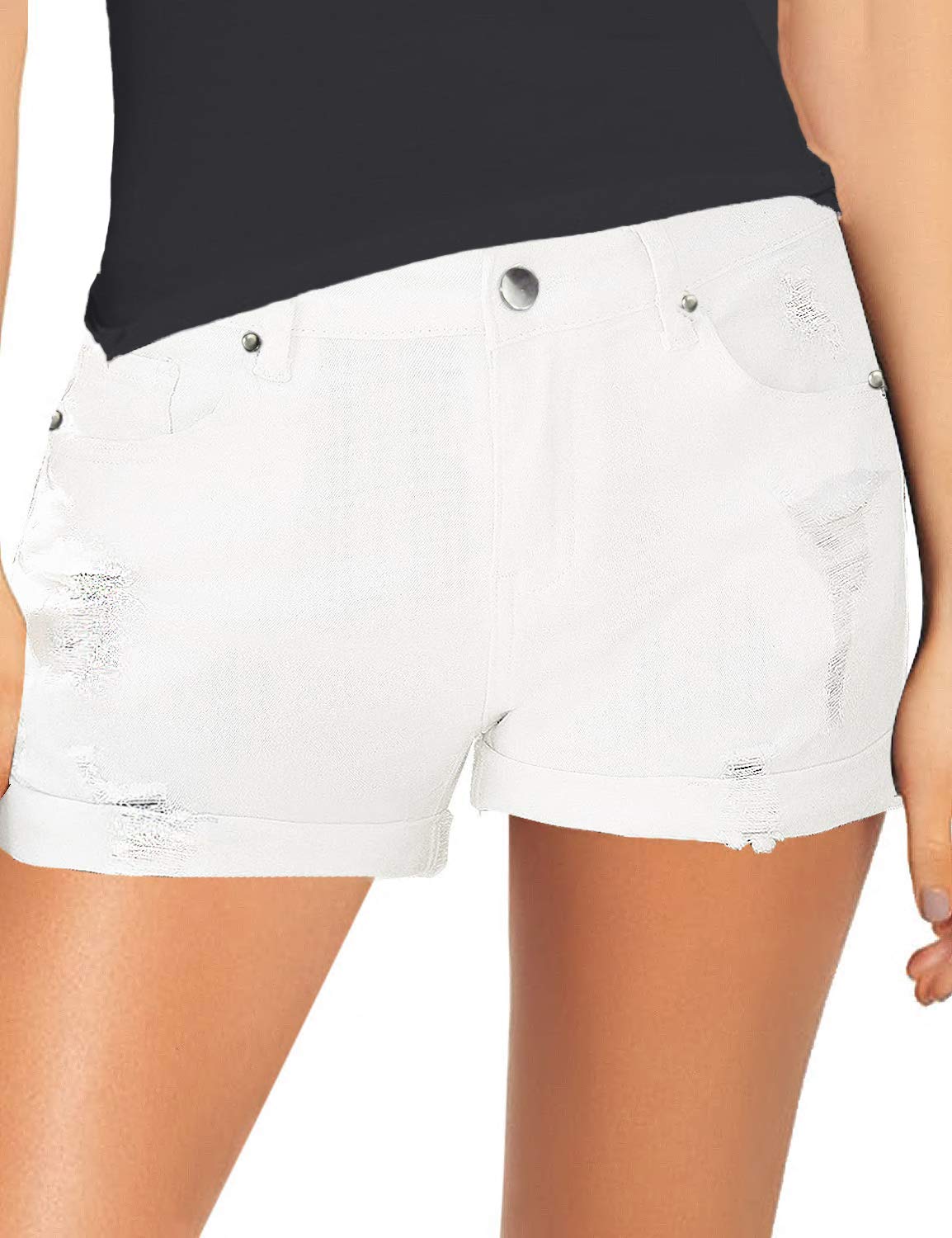 Necooer Damen Casual Ripped Denim Shorts Mittlere Taille Kurze Jeanshose mit Taschen